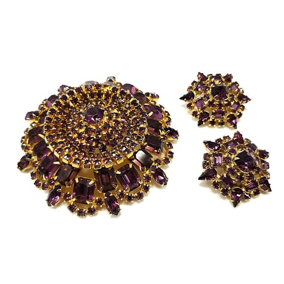 Vintage Purple Rhinestone Gold Tone Brooch And Clip On  Vintage Purple Rhinestone Domed Brooch Earrings Set Gold Tone